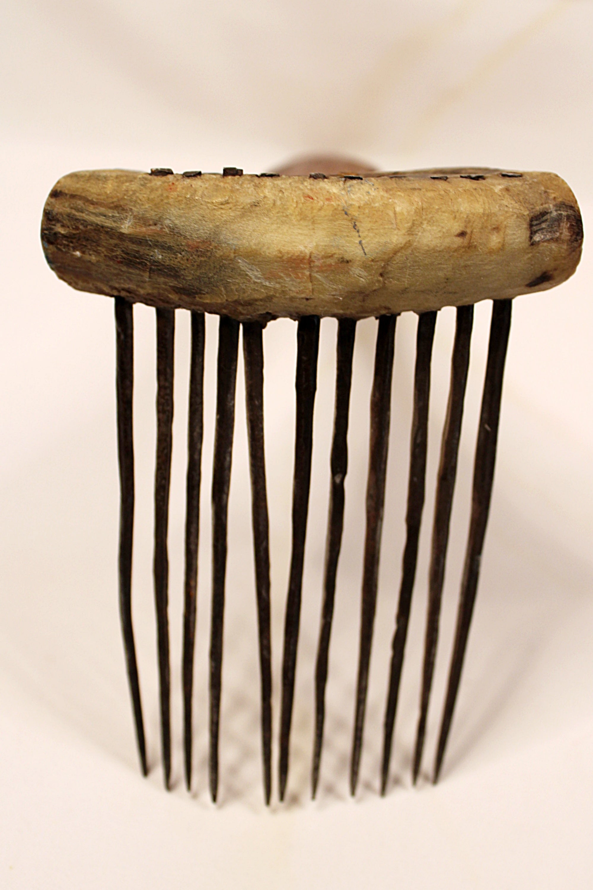 African Textile Tool Wooden Carved Fiber Comb with Forged Iron Spikes