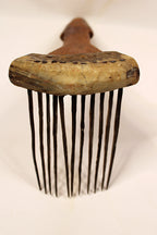 African Textile Tool Wooden Carved Fiber Comb with Forged Iron Spikes