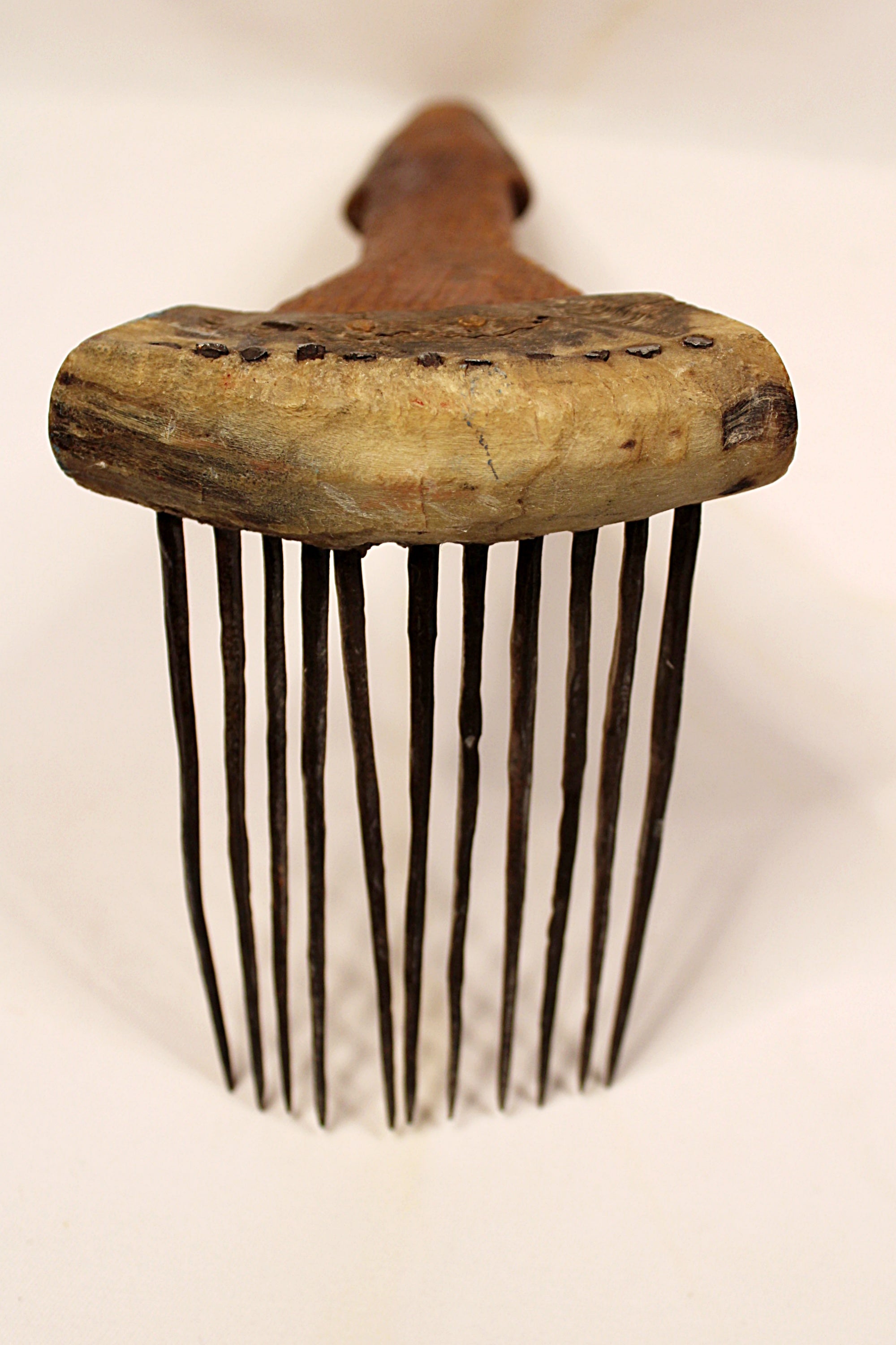 African Textile Tool Wooden Carved Fiber Comb with Forged Iron Spikes