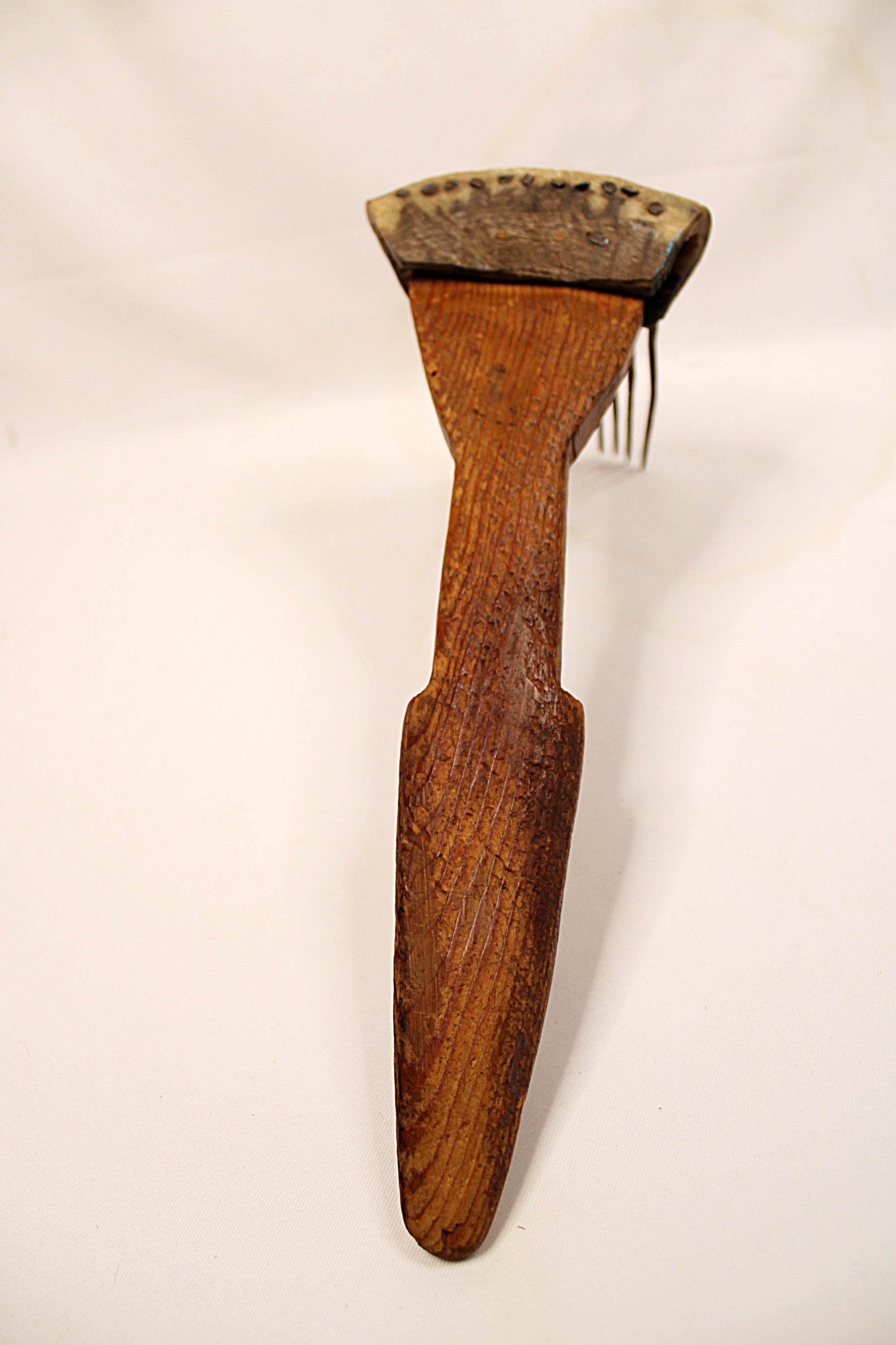 African Textile Tool Wooden Carved Fiber Comb with Forged Iron Spikes