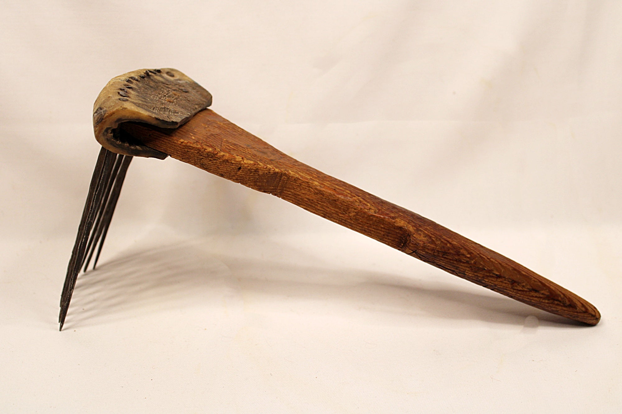 African Textile Tool Wooden Carved Fiber Comb with Forged Iron Spikes