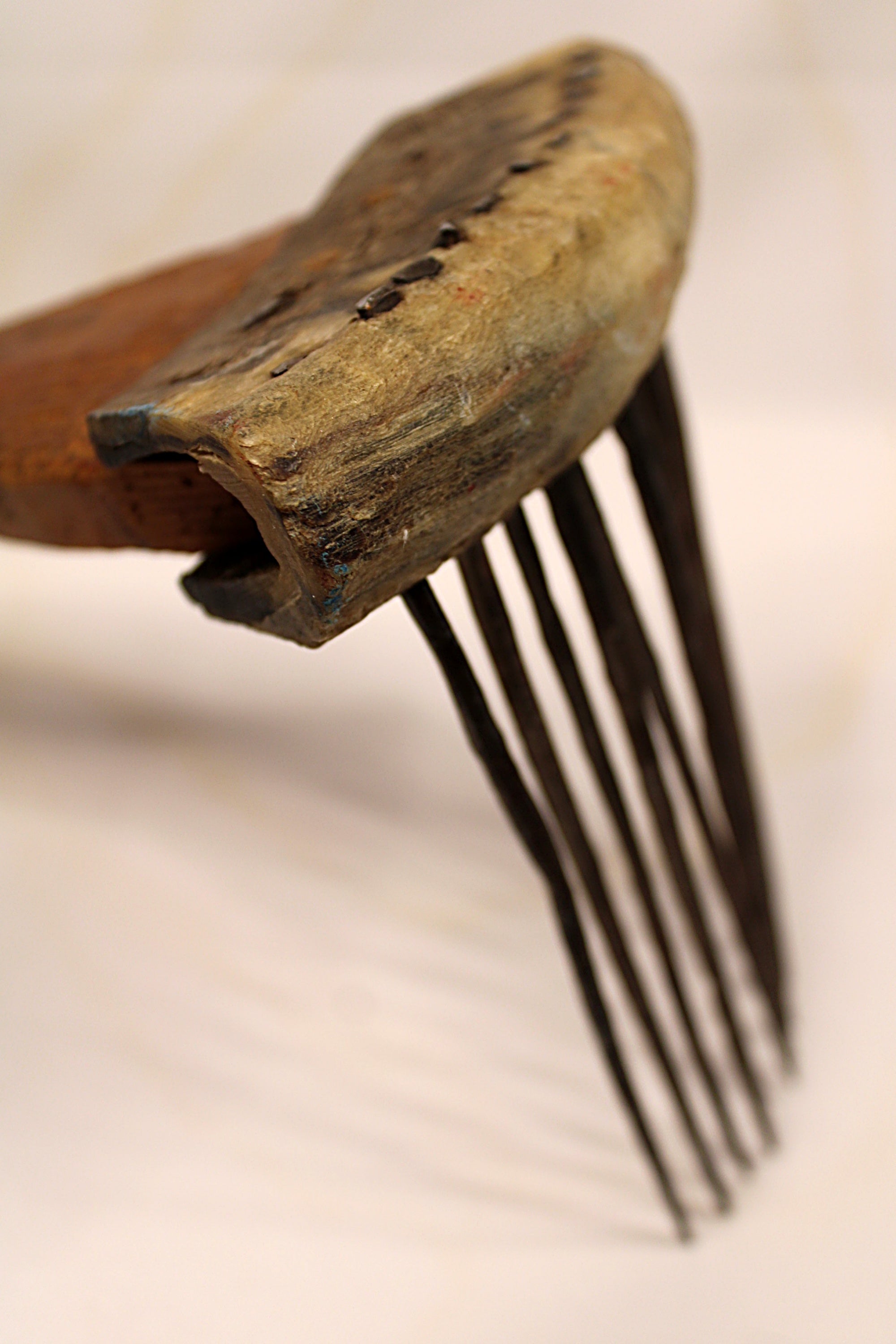 African Textile Tool Wooden Carved Fiber Comb with Forged Iron Spikes