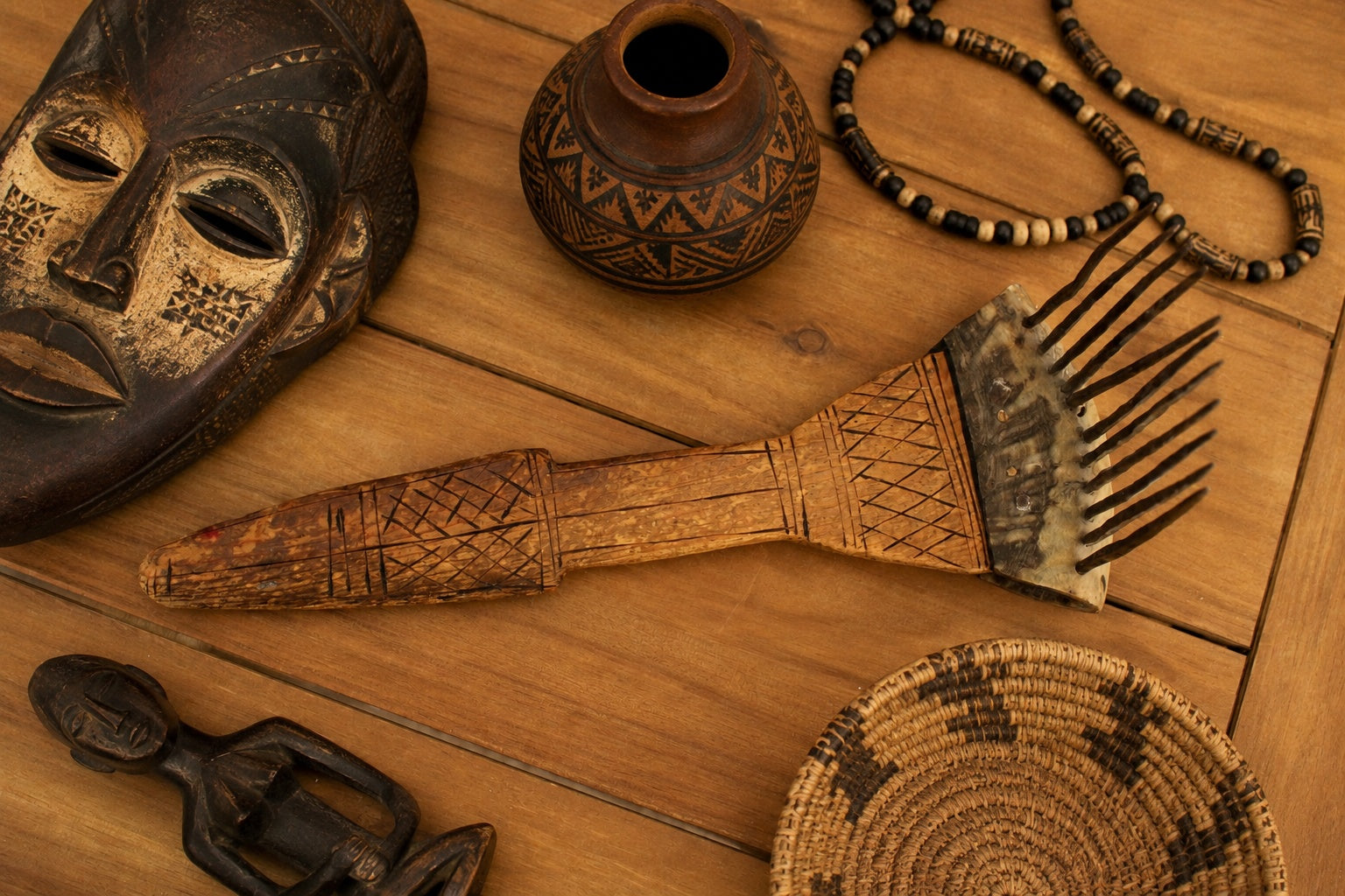 African Textile Tool Wooden Carved Fiber Comb with Forged Iron Spikes