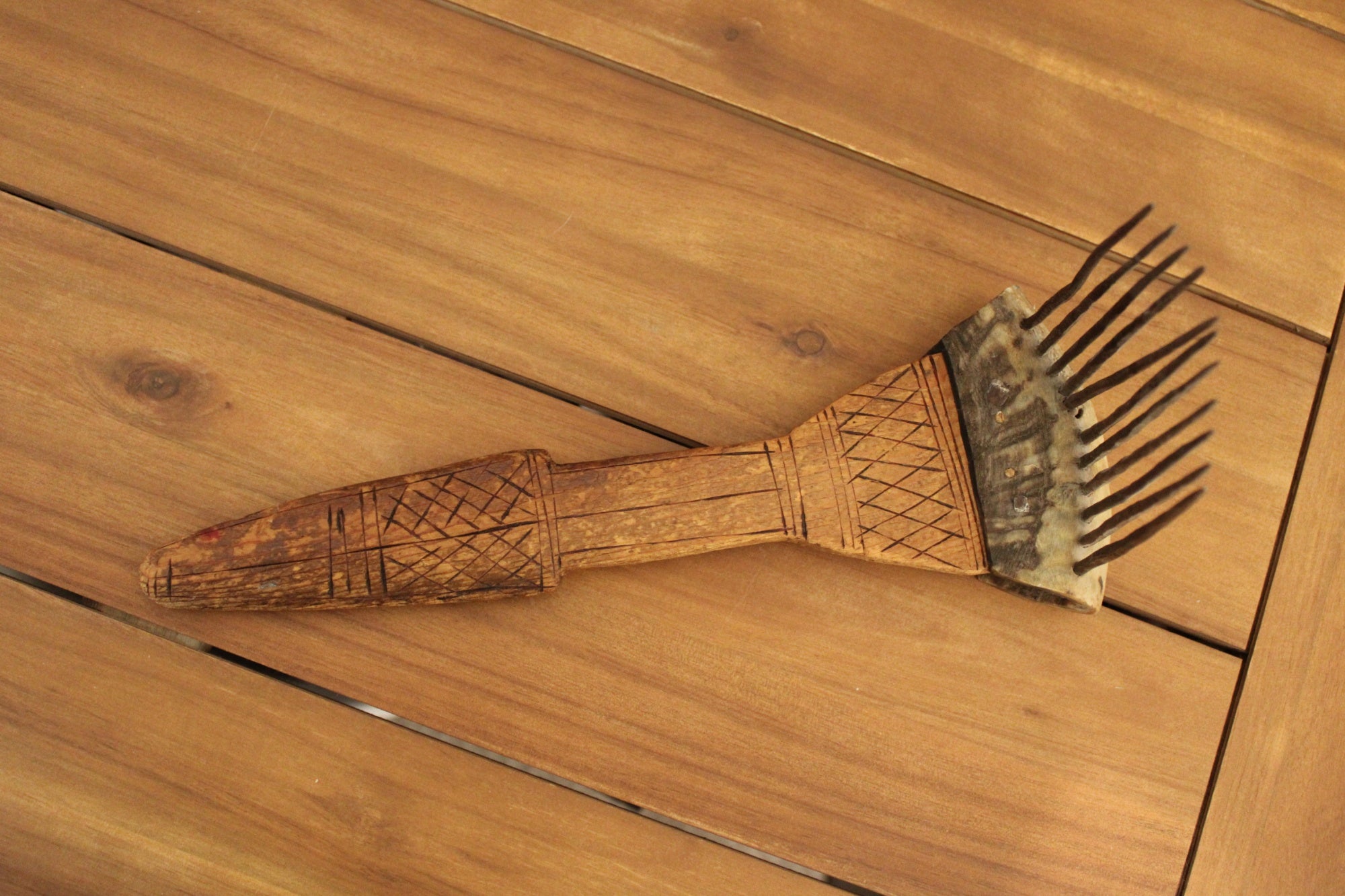 African Textile Tool Wooden Carved Fiber Comb with Forged Iron Spikes
