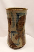 Bill Heyduck-Ceramic vase with brown and blue patterns on a white background