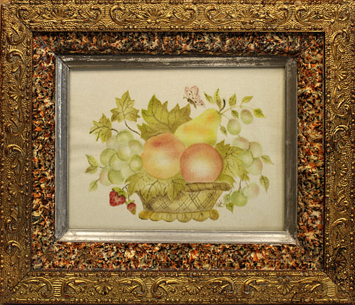 Decorative painting of fruits in a basket with an ornate gold frame.