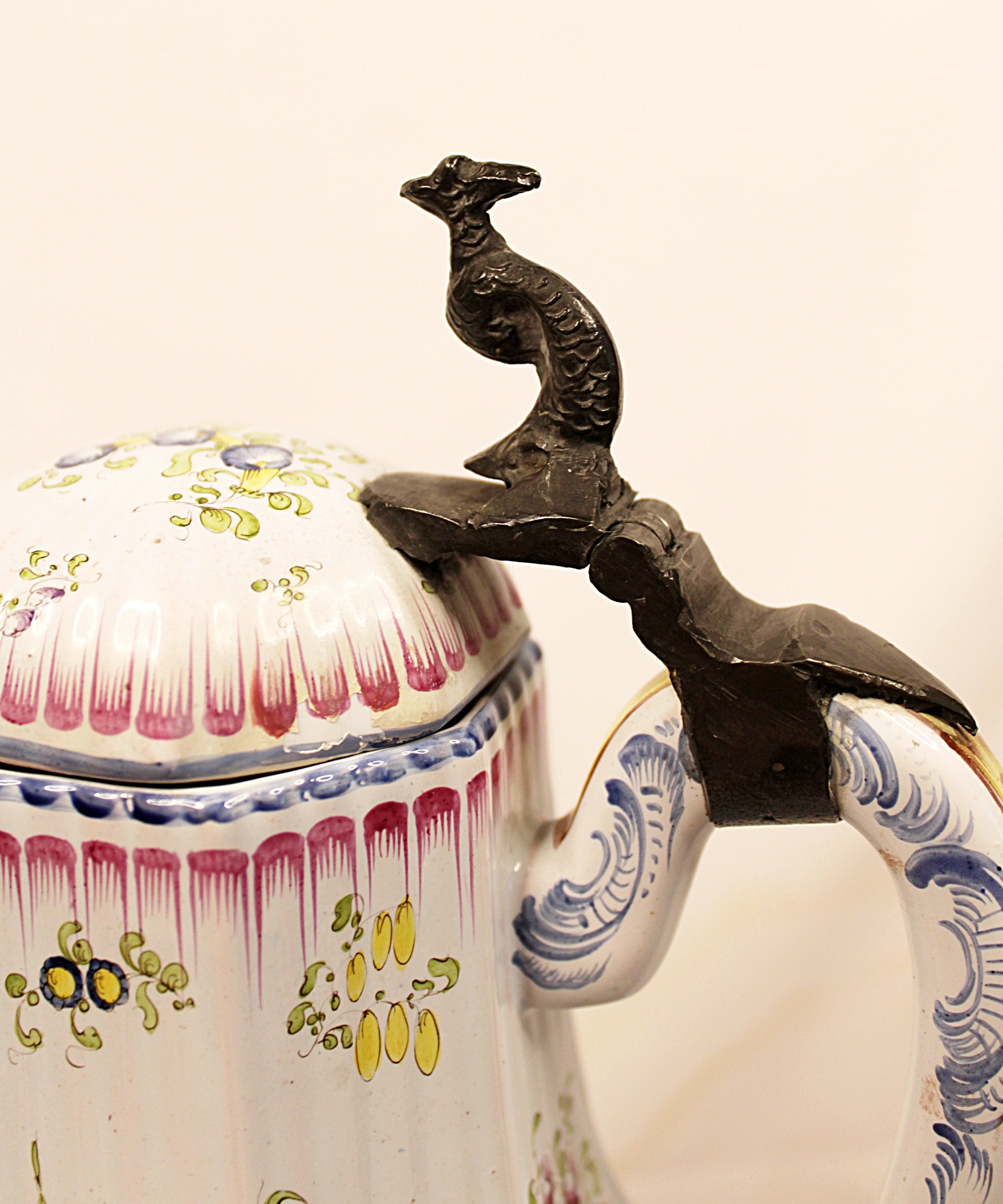 Antique French Faience Lidded Pitcher with Pewter Thumb Lifter