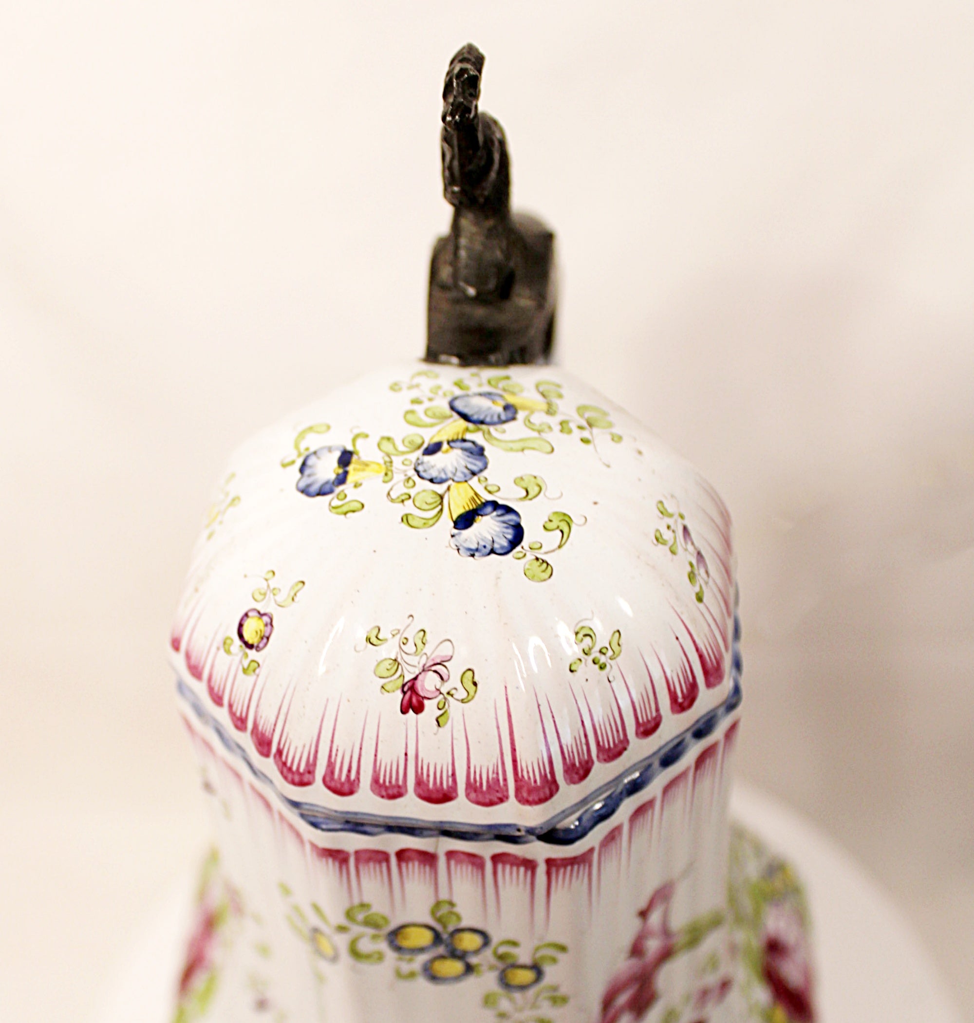 Antique French Faience Lidded Pitcher with Pewter Thumb Lifter