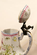 Antique French Faience Lidded Pitcher with Pewter Thumb Lifter