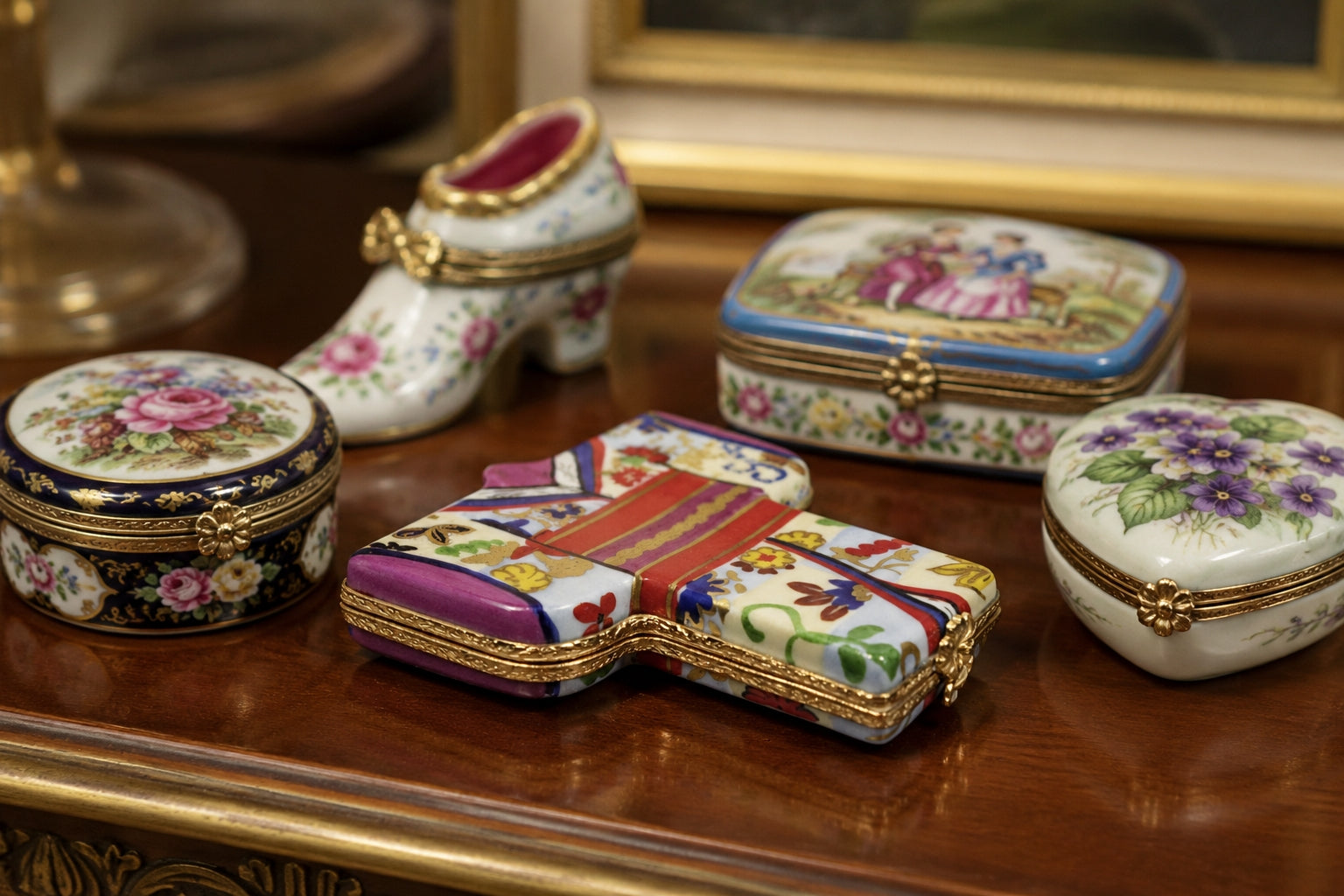 ARTORIA LIMOGES Trinket Box Peint Main Japanese Kimono Signed and Numbered viewed with other Limogest boxes