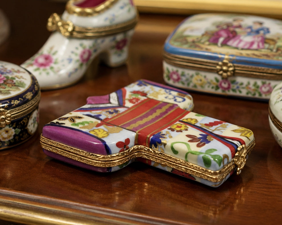 ARTORIA LIMOGES Trinket Box Peint Main Japanese Kimono Signed and Numbered sitting on dresser with other Limogest boxes