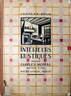 Vintage book cover for 'Intérieurs Rustiques' by Charles-Brun and Charles Moreau, featuring a beige background with a pink and orange grid pattern and a central black illustration of a rustic room.