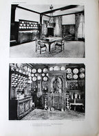 Antique French Folio Book Titled Interieurs Rustiques Paris 1926
A vintage black-and-white printed page showing two interior photographs of ornate rooms with extensive wall-mounted decorative plates and cabinets, likely from a magazine or catalog.