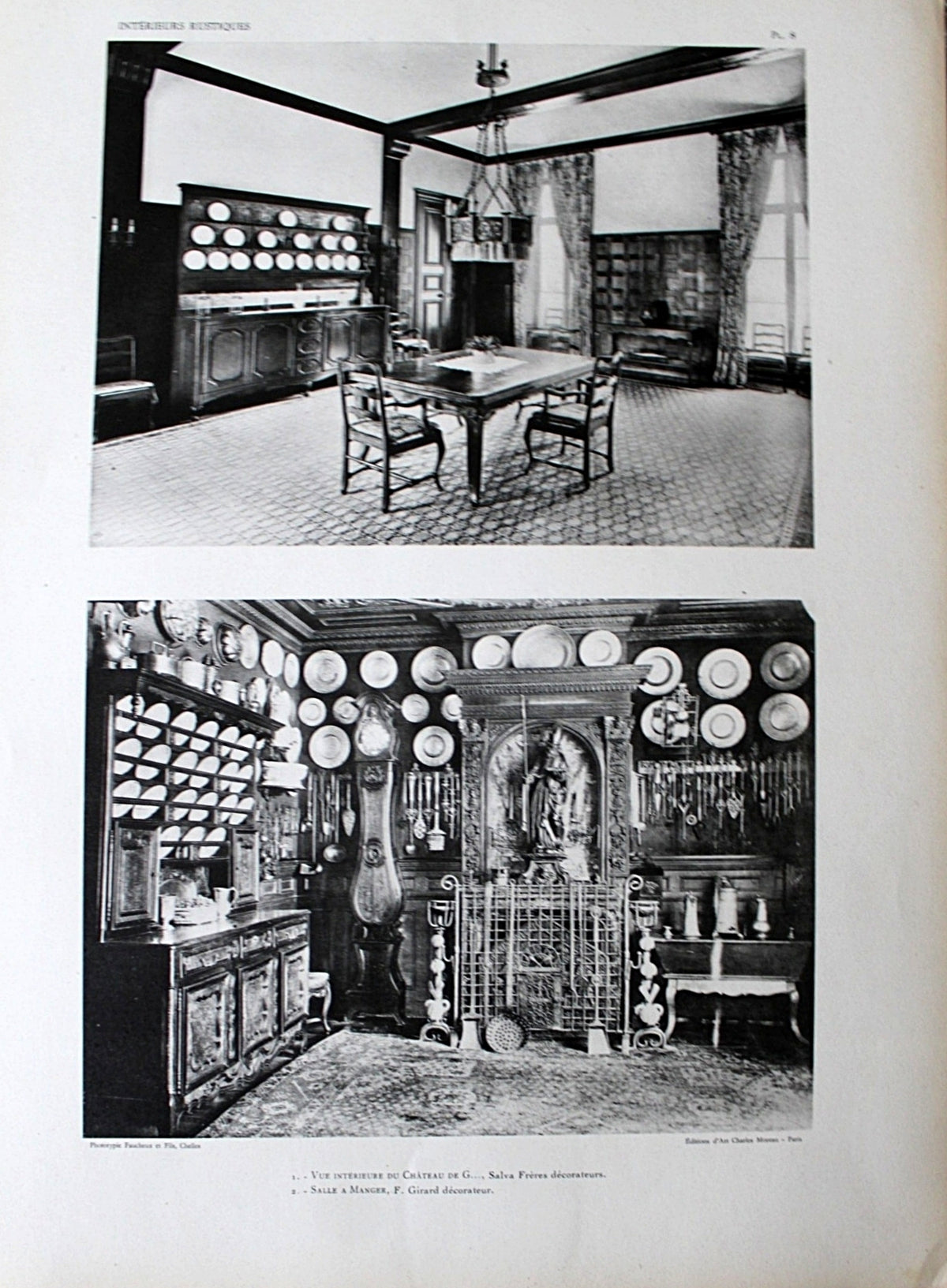 Antique French Folio Book Titled Interieurs Rustiques Paris 1926
A vintage black-and-white printed page showing two interior photographs of ornate rooms with extensive wall-mounted decorative plates and cabinets, likely from a magazine or catalog.