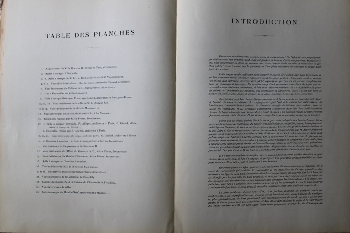 Antique French Folio Book Titled Interieurs Rustiques Paris 1926 showing two printed pages with French text, including 'TABLE DES PLANCHES' and 'INTRODUCTION'.
