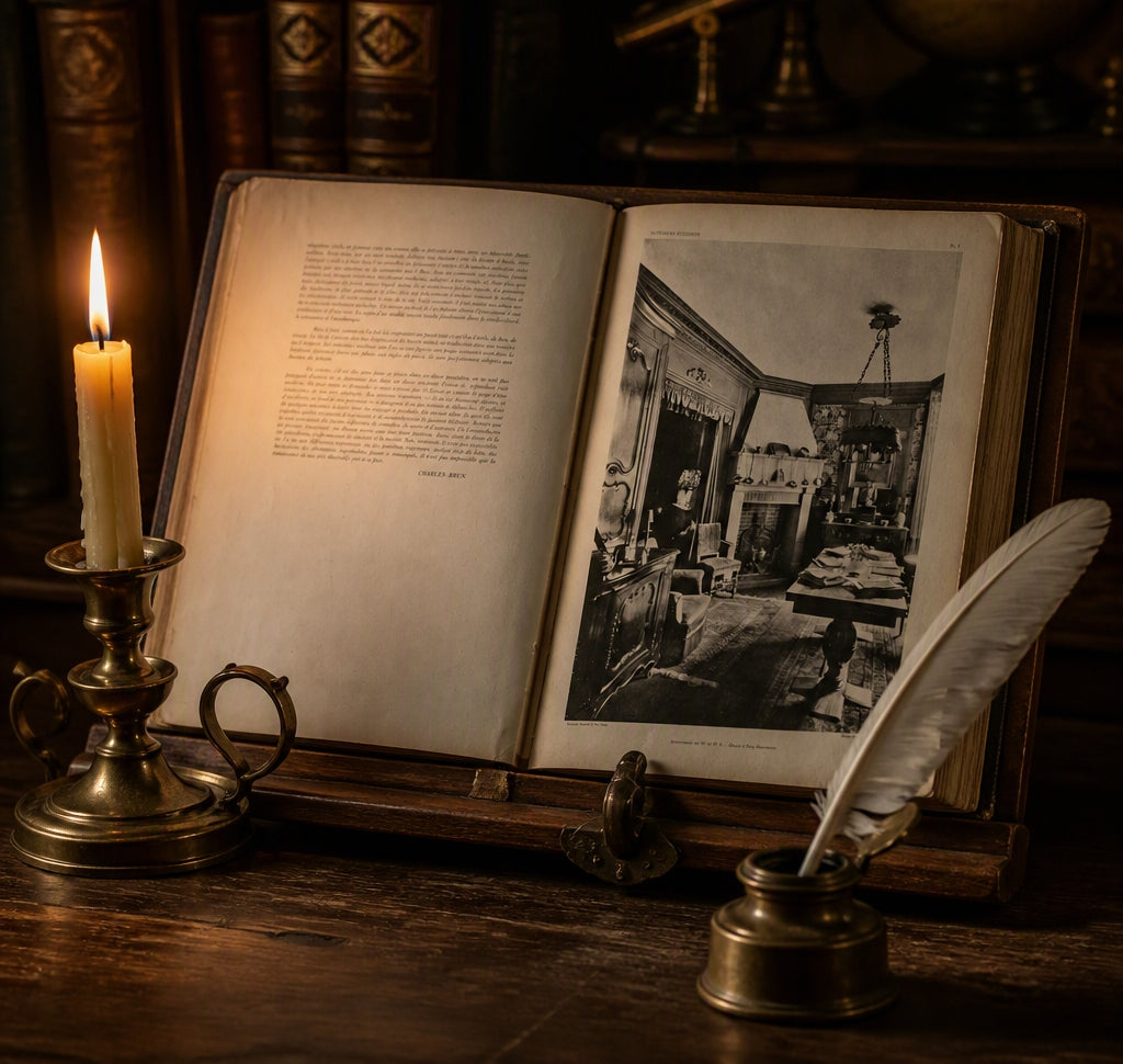 Antique French Folio Book Titled Interieurs Rustiques Paris 1926 on a wooden table, lit by a burning candle in a brass holder. A black-and-white interior room photograph appears on the right page, and a white feather quill rests in a brass inkstand nearby.
