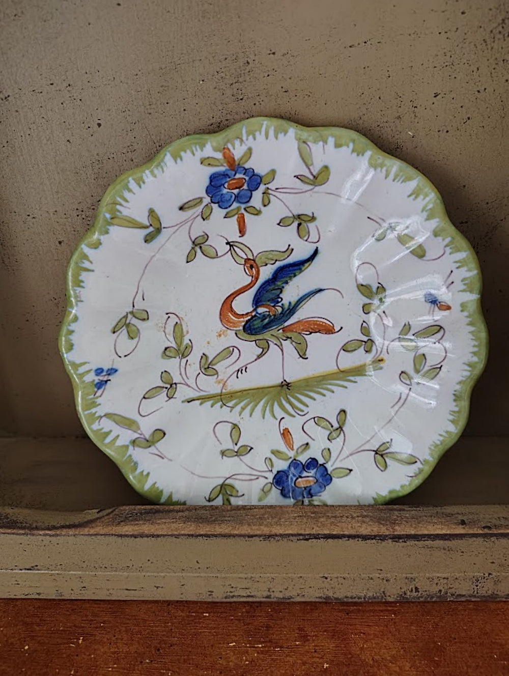 Antique_MOUSTIERS_FRANCE_FAIENCE_Dish_Hand_Painted_Earthware-on wooden plate rack