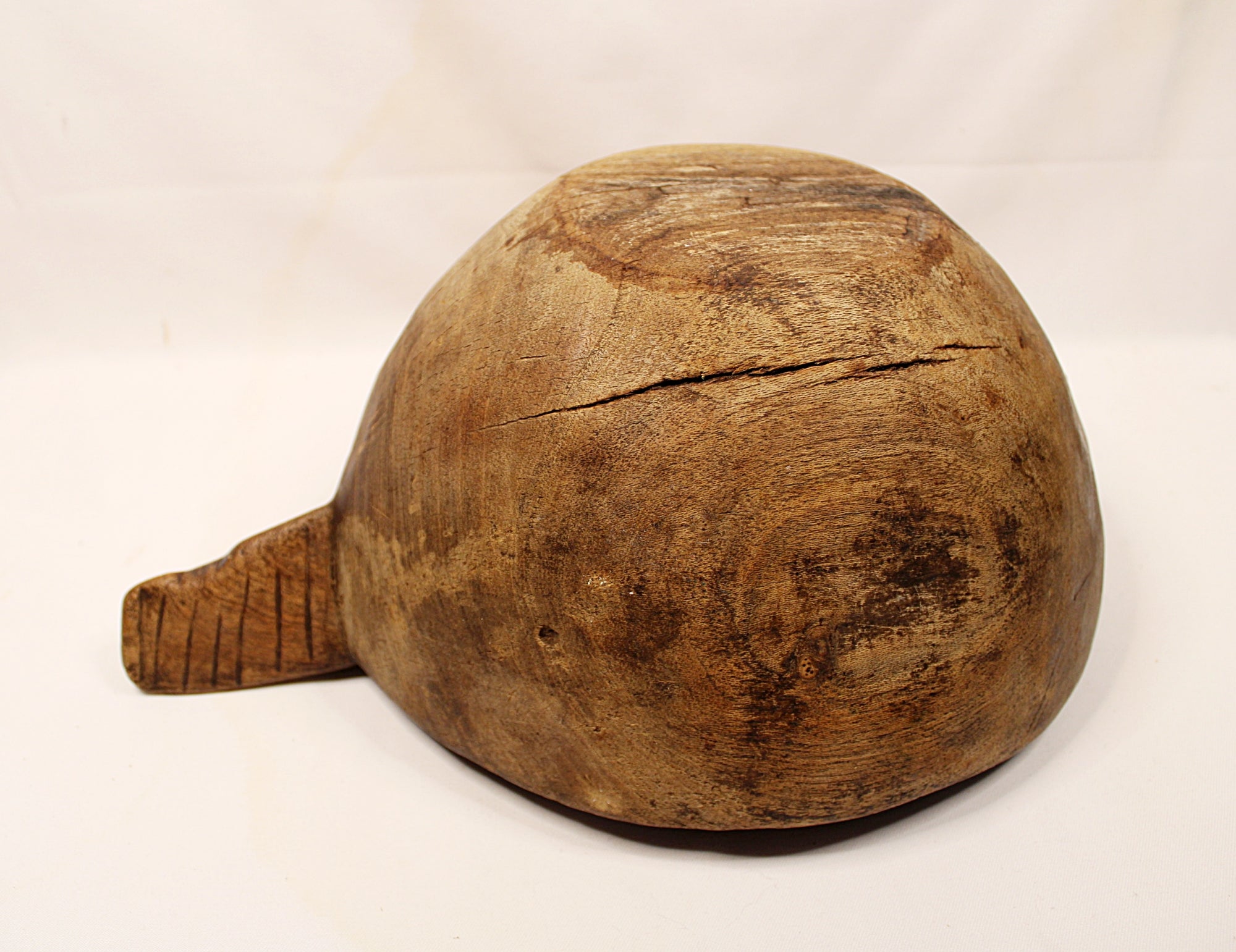 Make-Do Repair Early American Treen Primitive Hand Carved Wood Bowl  upside down on white background