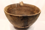 Make-Do Repair Early American Treen Primitive Hand Carved Wood Bowl  showing closeup of iron strip repair