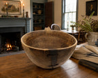 Make-Do Repair Early American Treen Primitive Hand Carved Wood Bowl  on table with old farmers almanac