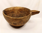 Make-Do Repair Early American Treen Primitive Hand Carved Wood Bowl  full bowl view handle right side.
