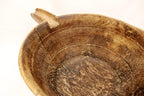 Make-Do Repair Early American Treen Primitive Hand Carved Wood Bowl  inside view handle left back.
