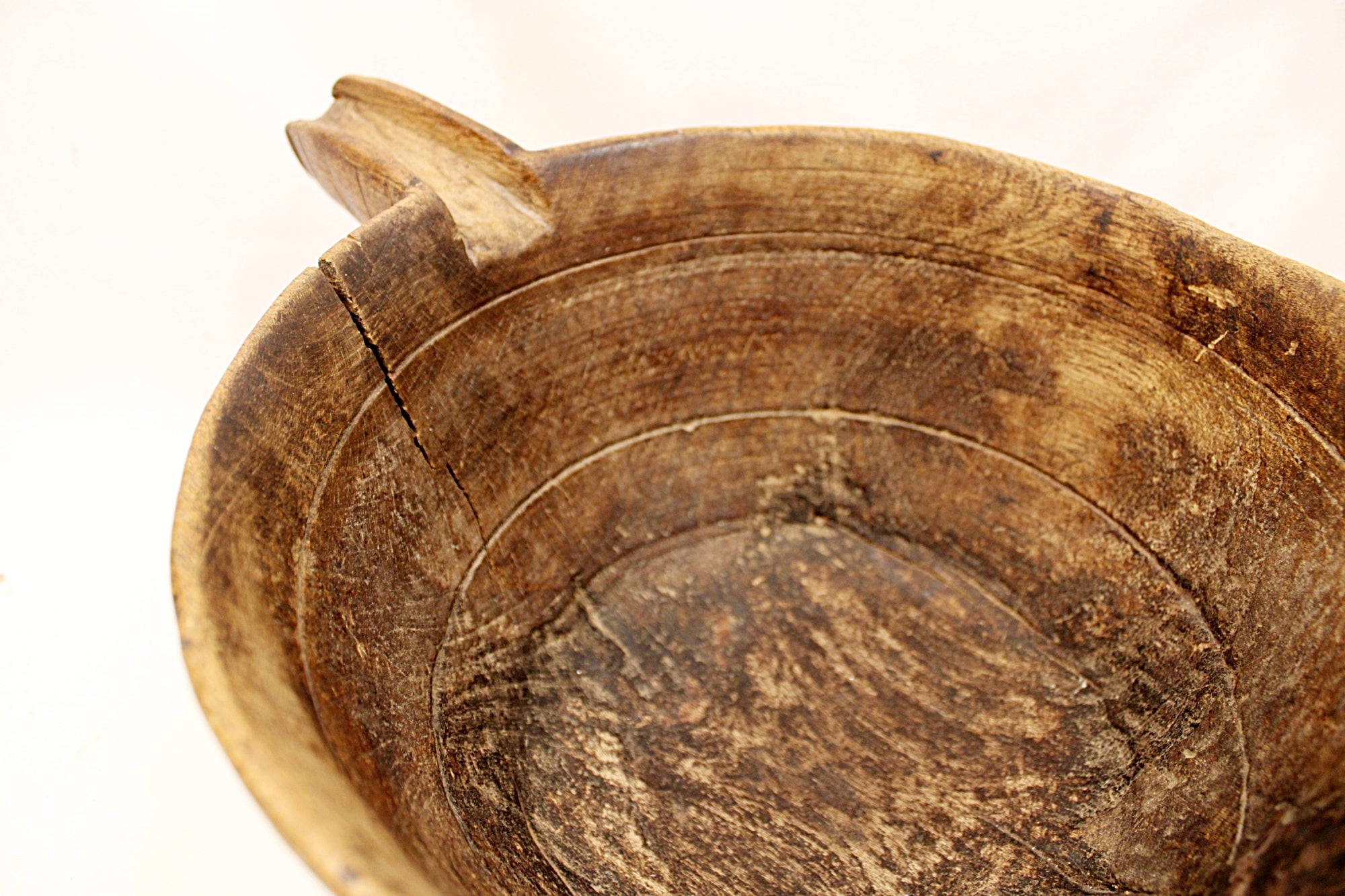 Make-Do Repair Early American Treen Primitive Hand Carved Wood Bowl  inside view handle left back.