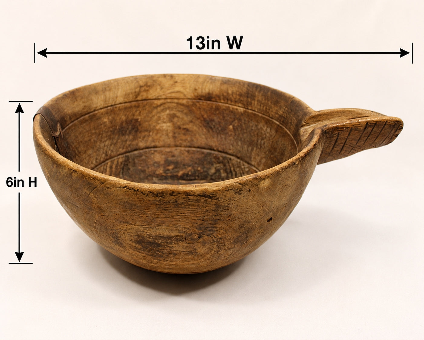 Make-Do Repair Early American Treen Primitive Hand Carved Wood Bowl  with size arrows showing width and height.