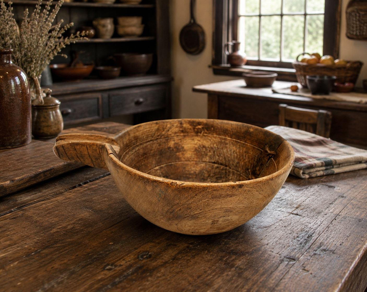 Make-Do Repair Early American Treen Primitive Hand Carved Wood Bowl on wood table with handle left.