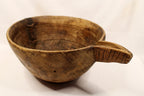 Make-Do Repair Early American Treen Primitive Hand Carved Wood Bowl  showing handle stripes.