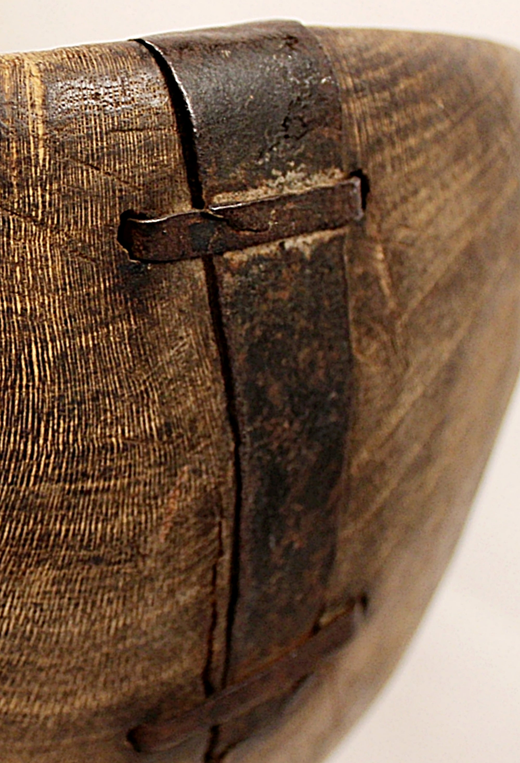 Make-Do Repair Early American Treen Primitive Hand Carved Wood Bowl closeup repair