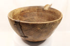 Make-Do Repair Early American Treen Primitive Hand Carved Wood Bowl  handle back slight right