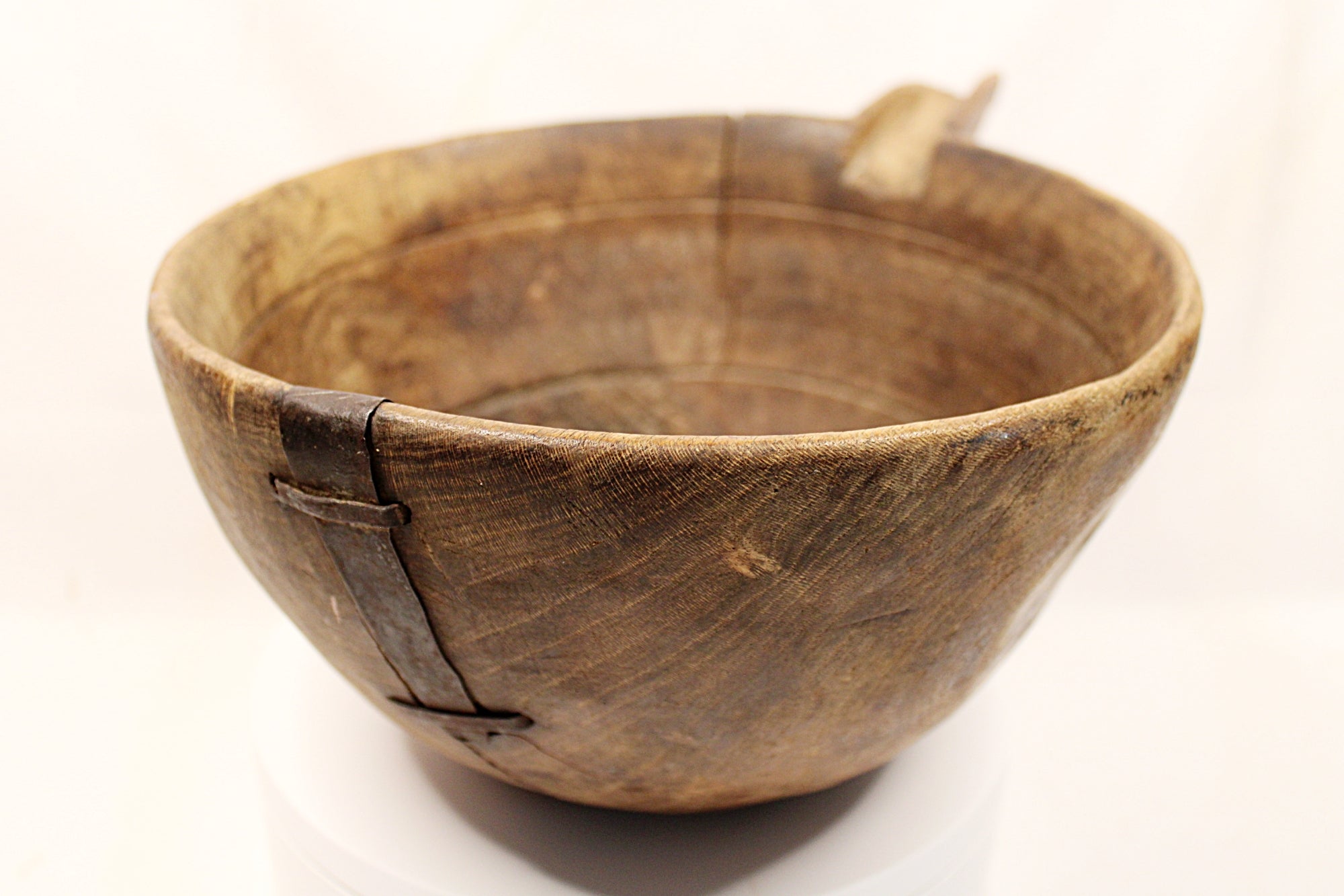 Make-Do Repair Early American Treen Primitive Hand Carved Wood Bowl  handle back slight right