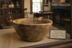 Make-Do Repair Early American Treen Primitive Hand Carved Wood Bowl  in glass case with sign New England c. 1800