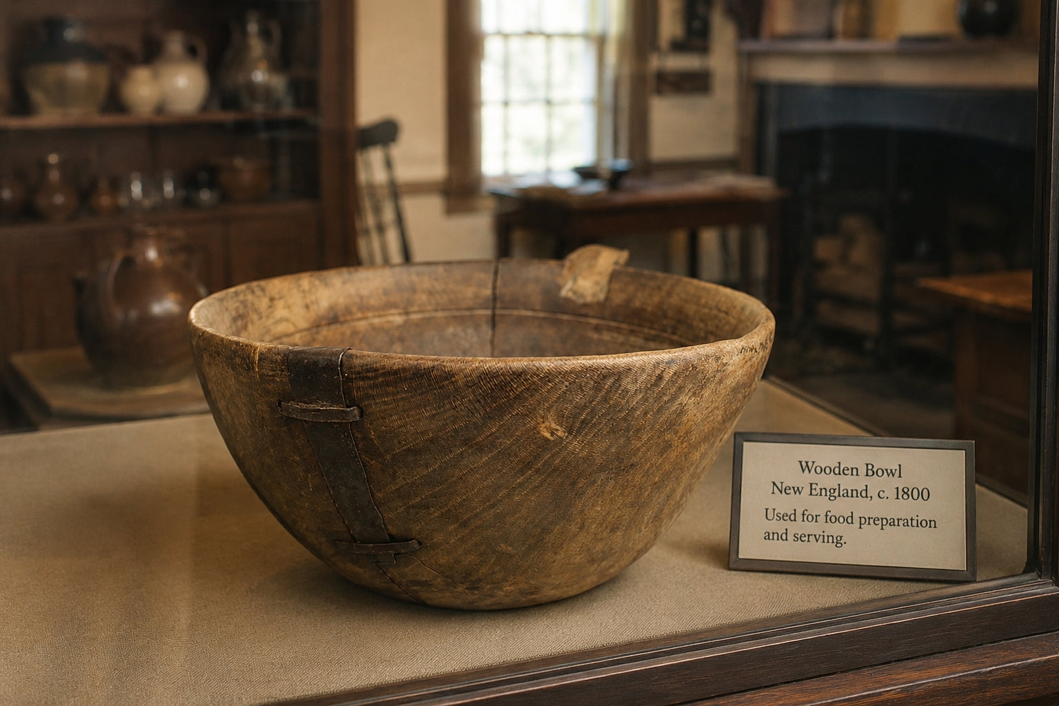 Make-Do Repair Early American Treen Primitive Hand Carved Wood Bowl  in glass case with sign New England c. 1800