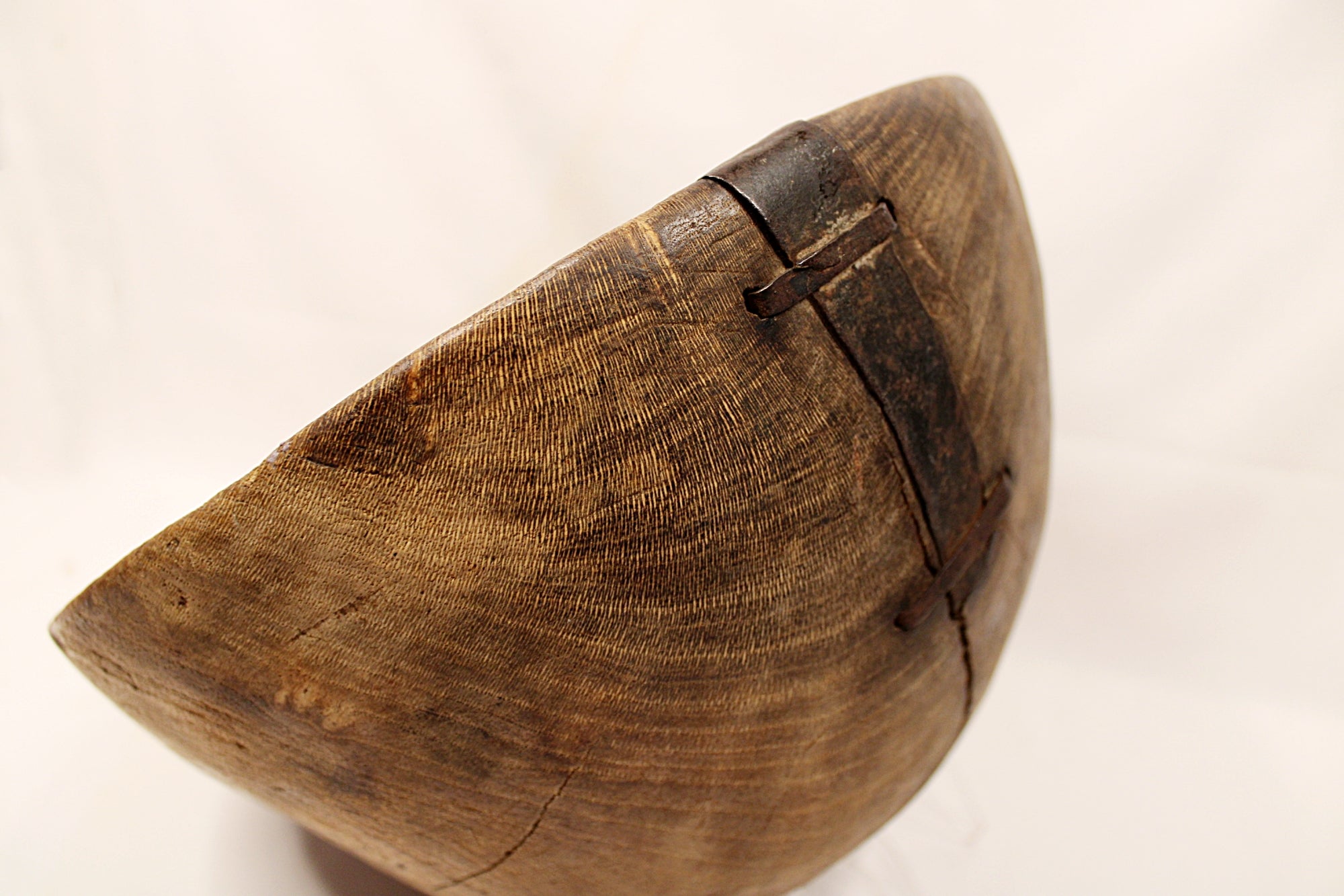 Make-Do Repair Early American Treen Primitive Hand Carved Wood Bowl  closeup iron strip on ouside wood bowl