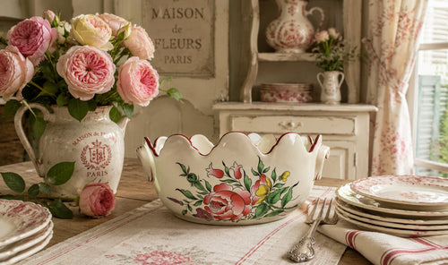 Decorative table setting with floral bowl, plates, and flowers in a home interior.