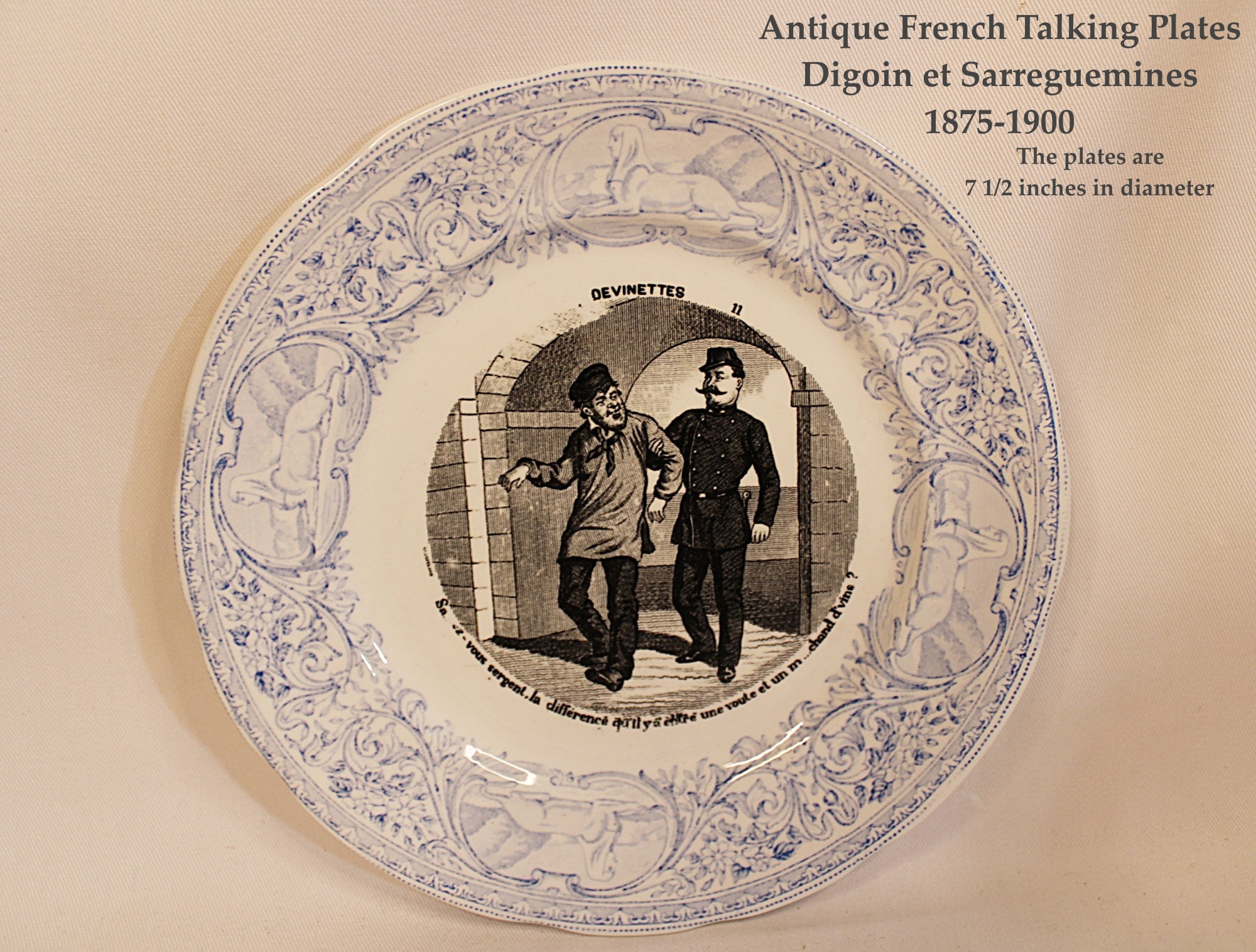 French  Antique Faience Conversation Plates  Set of Three