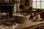 Antique Wood Bowl with Iron Make-Do Repair-handle-back-right-early-american-farm-house-bread-rising