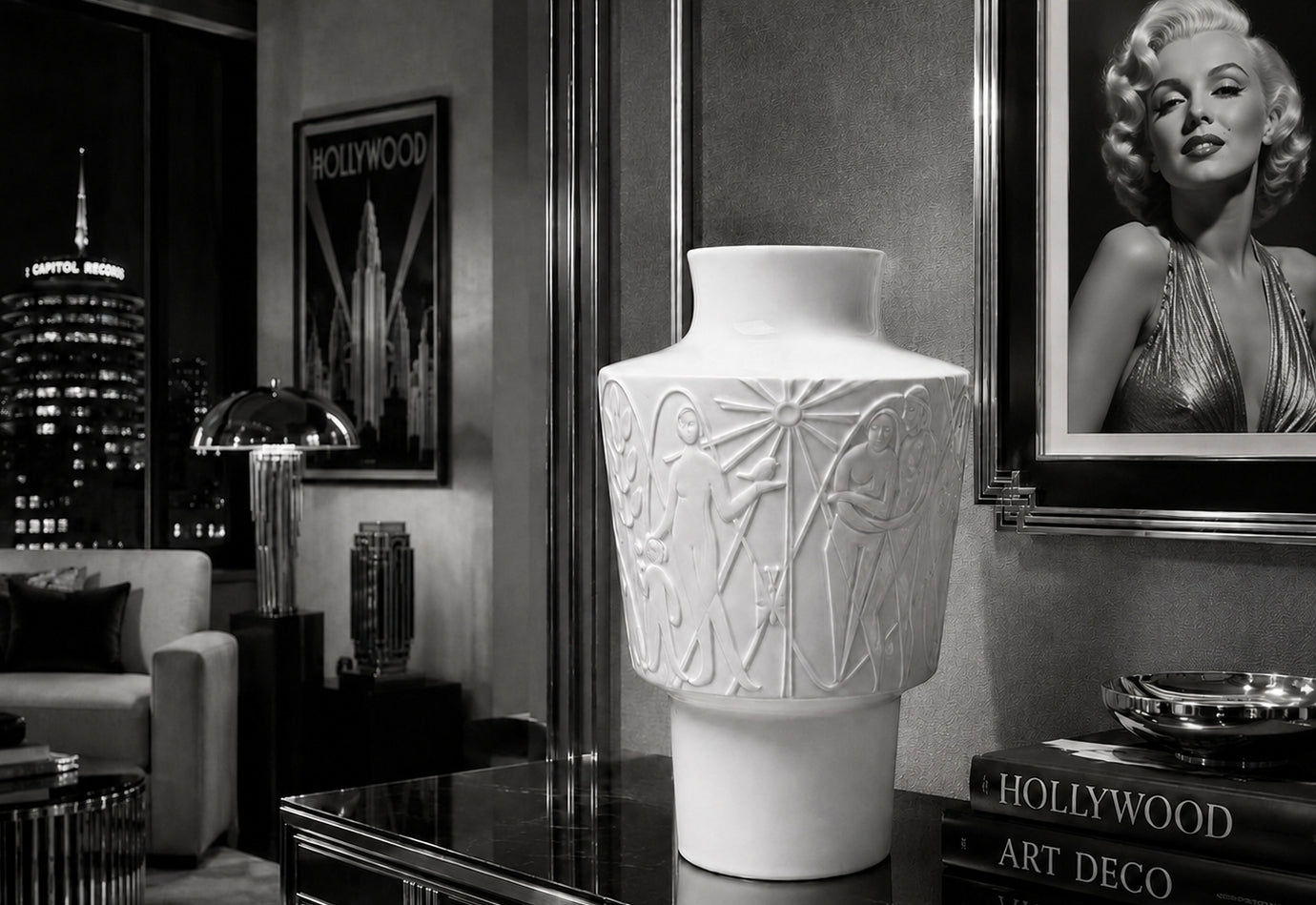 Decorative vase on a table with Hollywood-themed decor in the background