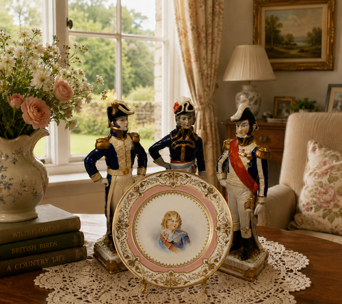 Decorative display of figurines and a plate in a room with a window and lamp.