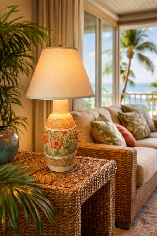 1960s Designer TABLE LAMP by Continental Studios on a wicker table with a view of palm trees and ocean. 