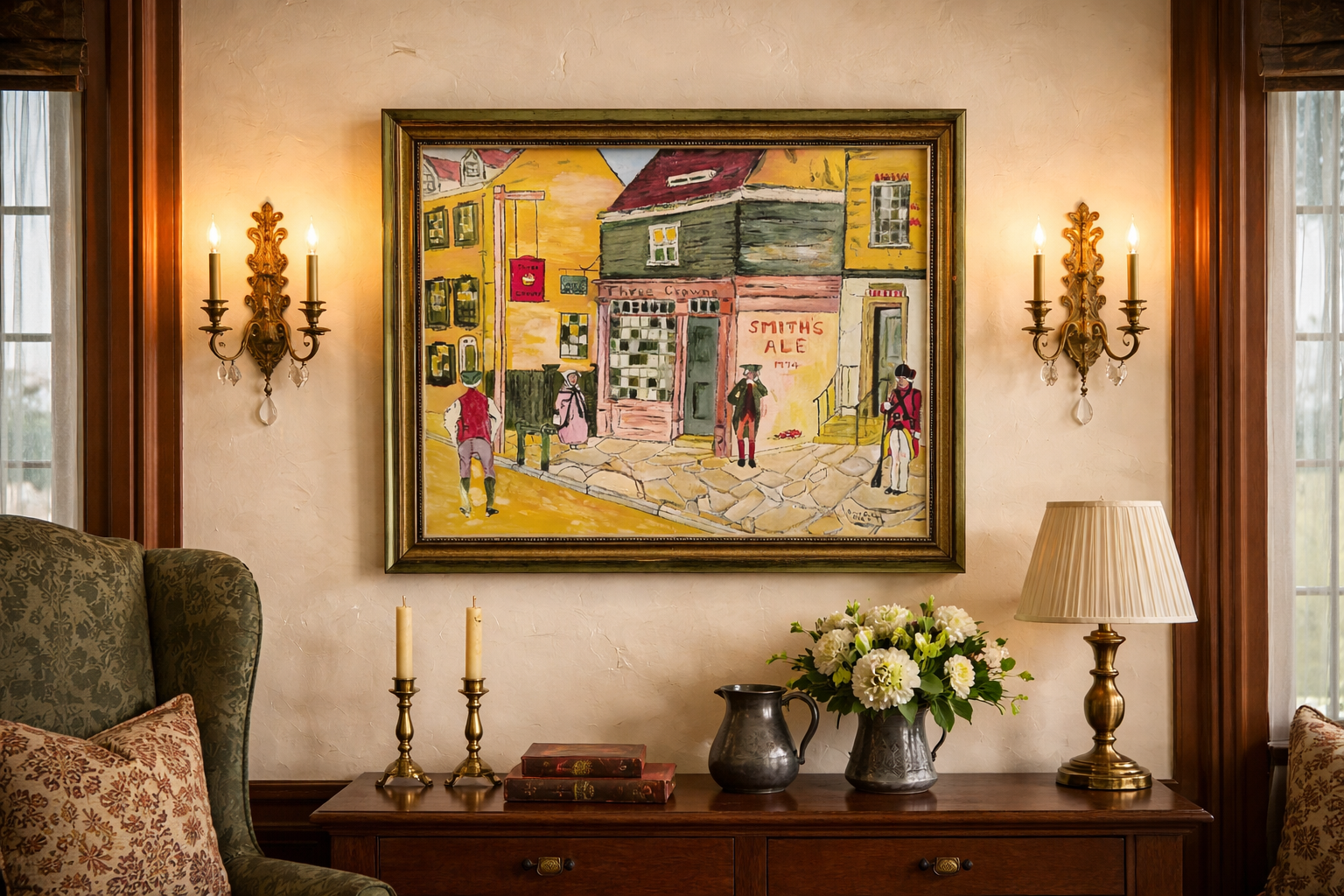 Colonial Philadelphia Scene Original Oil Painting of  Three Crowns Inn