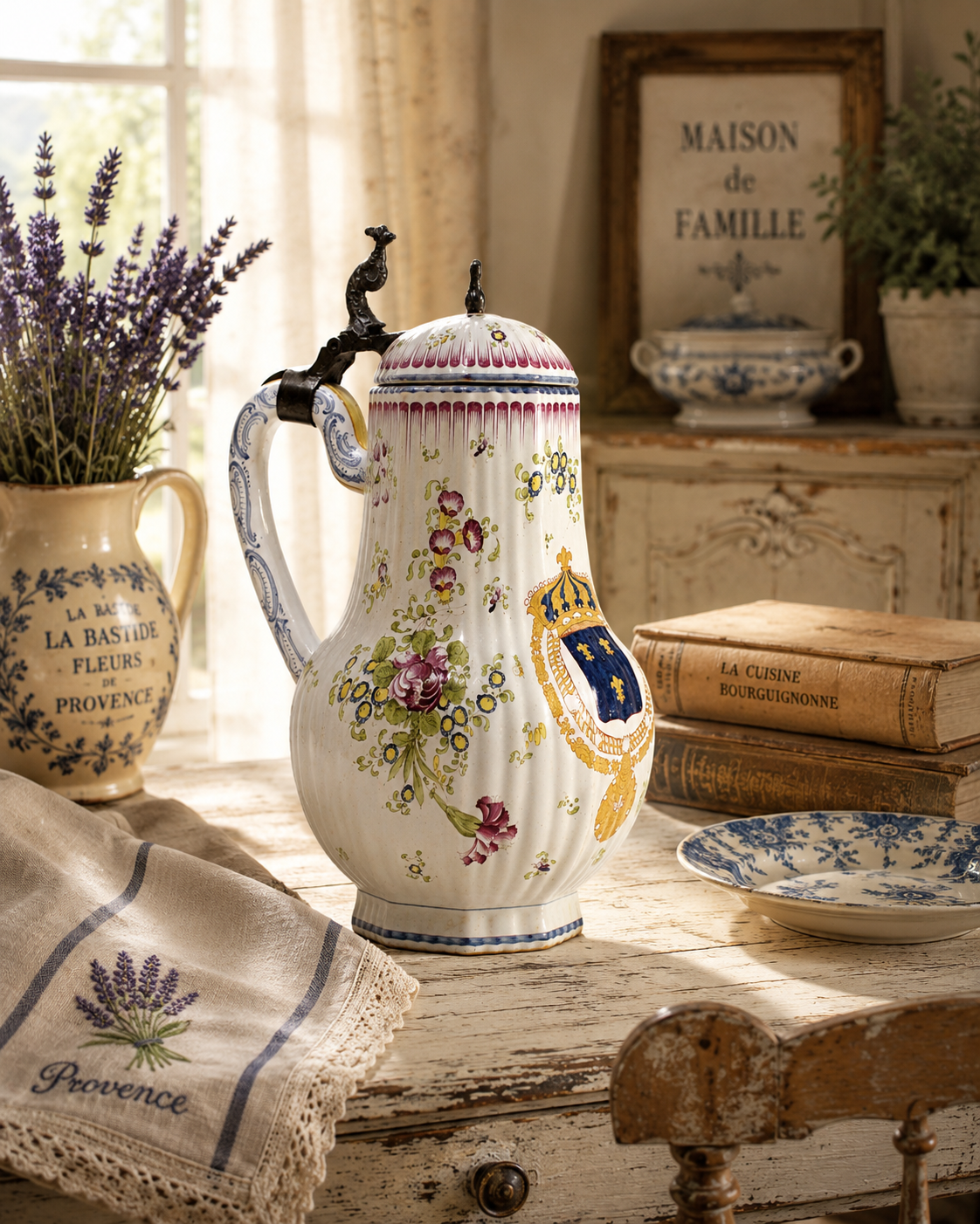Decorative ceramic pitcher with floral patterns on a wooden table with books and plants.