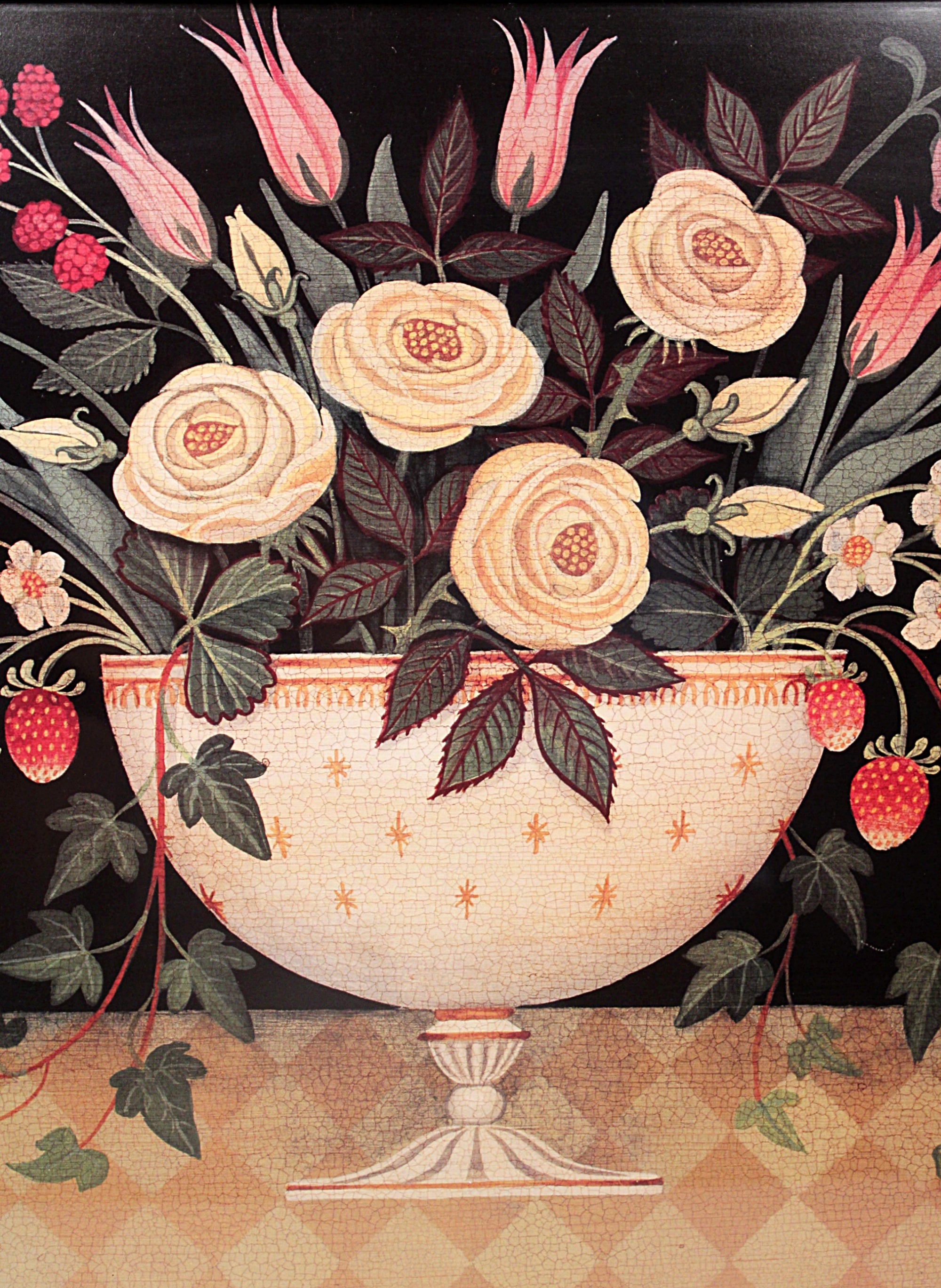 Decorative illustration of a vase with flowers and leaves on a patterned background