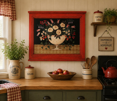 Kitchen counter with floral painting, jars, apples, and a teapot. Folk Art Massachusetts Artist Diane Ulmer Pedersen Framed Print