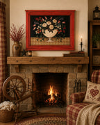Cozy living room with stone fireplace, mantel decor, and plaid accents. Plus hanging Folk Art Massachusetts Artist Diane Ulmer Pedersen Framed Print