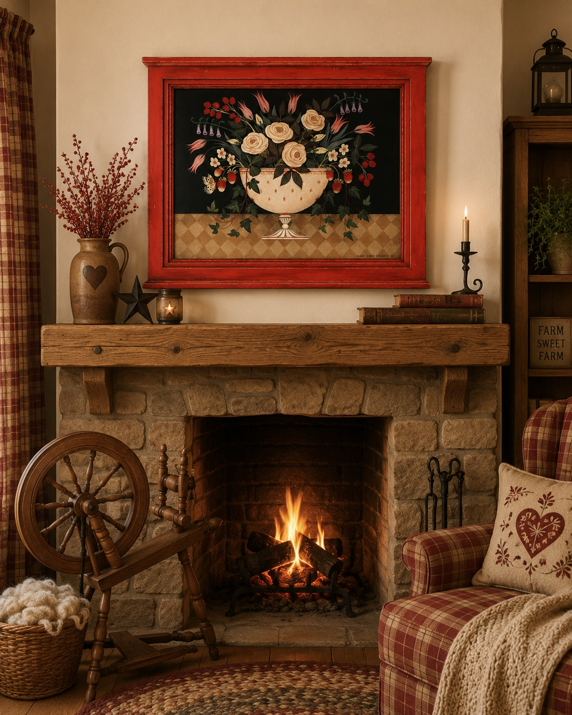 Cozy living room with stone fireplace, mantel decor, and plaid accents. Plus hanging Folk Art Massachusetts Artist Diane Ulmer Pedersen Framed Print
