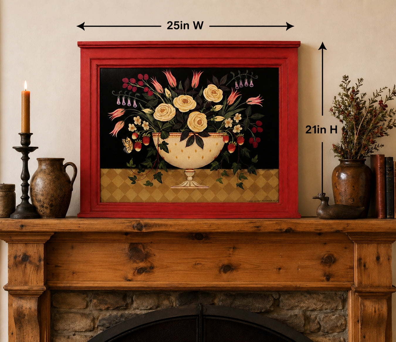 Decorative painting of flowers in a red frame on a wooden mantelpiece with measurements.Folk Art Massachusetts Artist Diane Ulmer Pedersen Framed Print