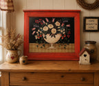 Decorative painting in a red frame on a wooden dresser with floral design Folk Art Massachusetts Artist Diane Ulmer Pedersen Framed Print